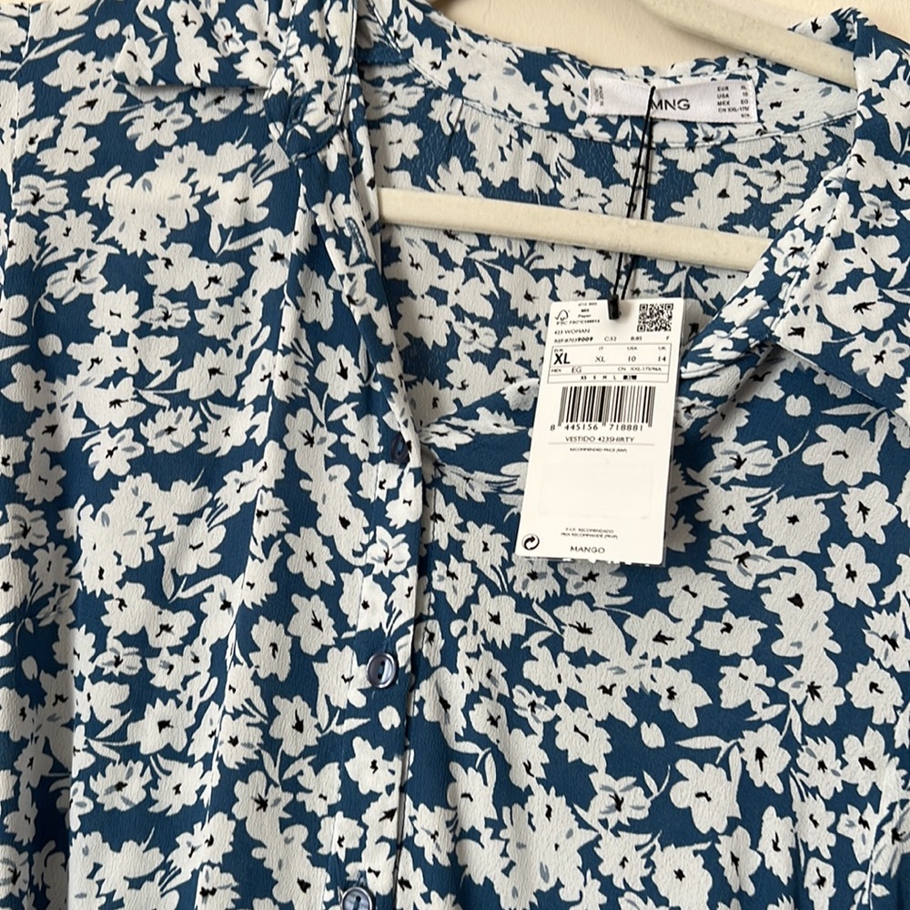 Nwt mango button front short sleeve blue white dress sz XL - Picture 2 of 4